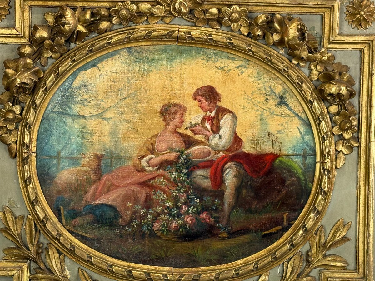 ELEMENT DE BOISERIE LOUIS XVI DU XIXE A DECOR D UNE PEINTURE SCENE ROMANTIQUE-photo-4