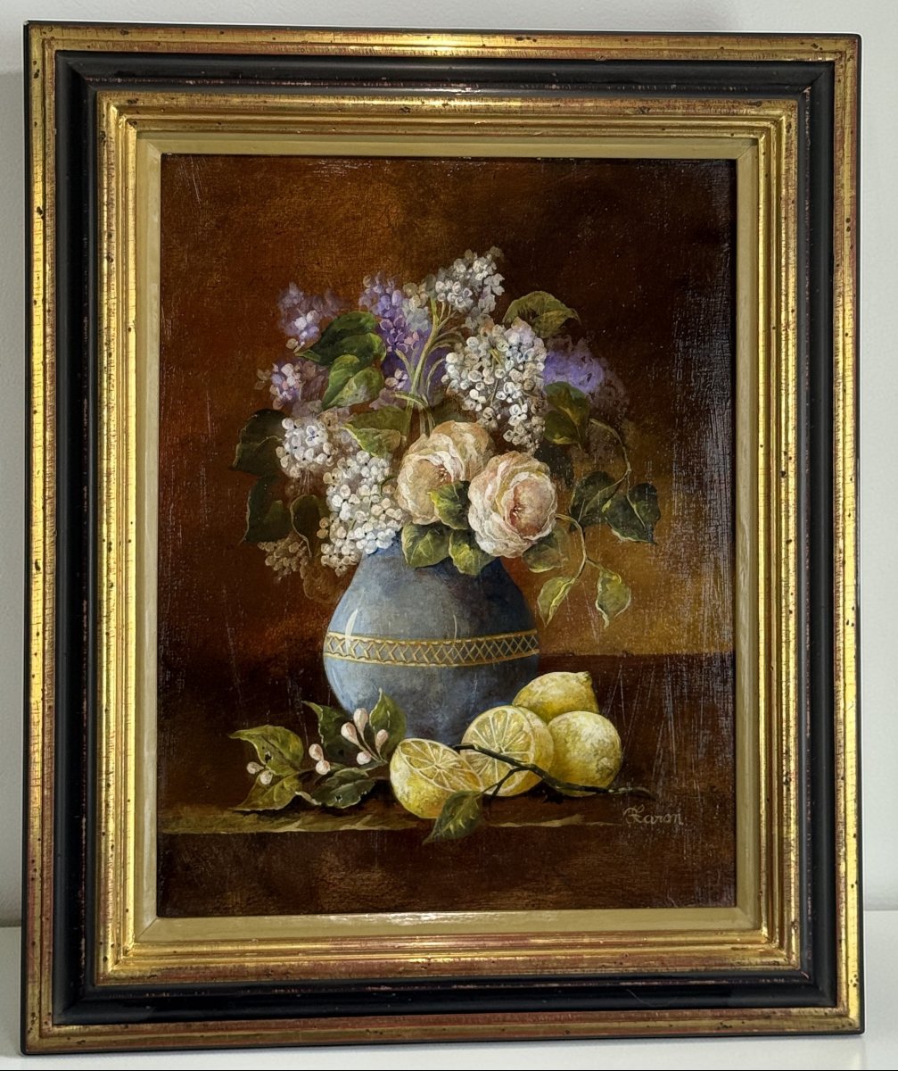 Tableau / Huile Sur Panneau En Bois Encadrée Représentant Une Nature Morte-photo-2