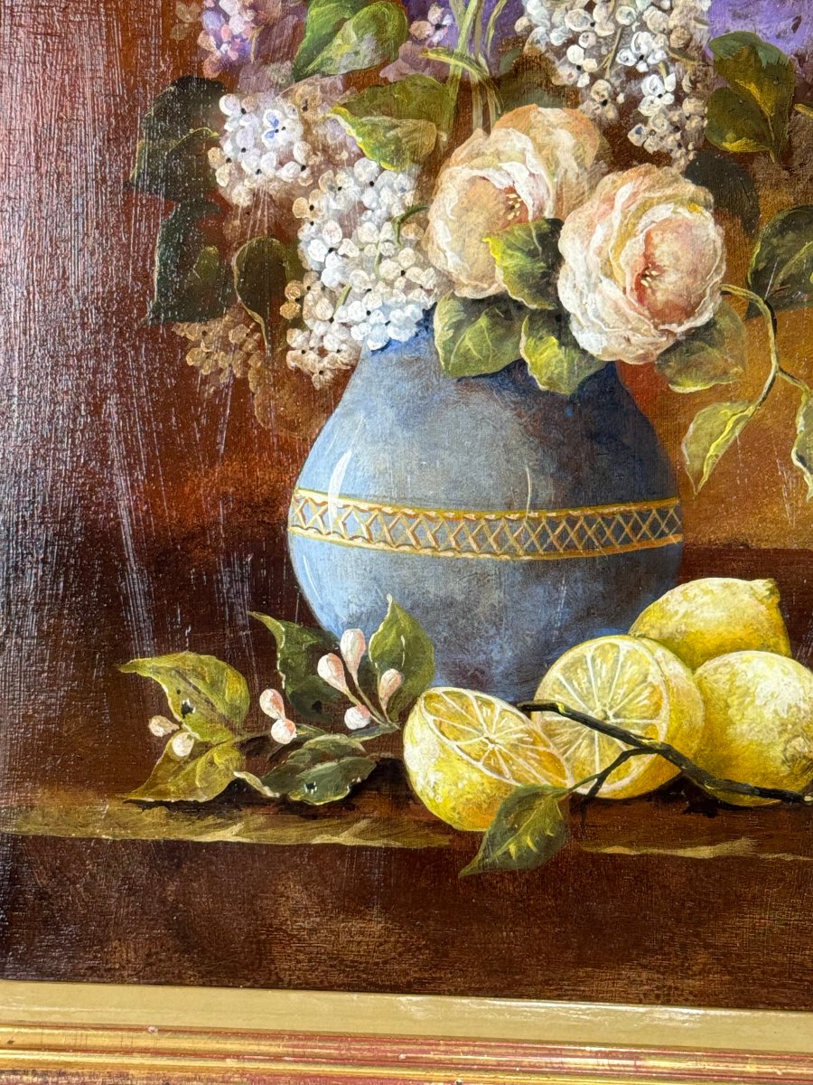 Tableau / Huile Sur Panneau En Bois Encadrée Représentant Une Nature Morte-photo-2