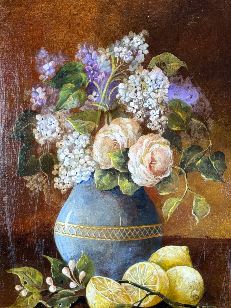 Tableau / Huile Sur Panneau En Bois Encadrée Représentant Une Nature Morte-photo-3