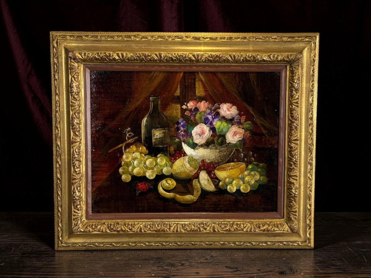 Signed And Framed Oil On Panel Depicting A Still Life With A Ladybug-photo-2