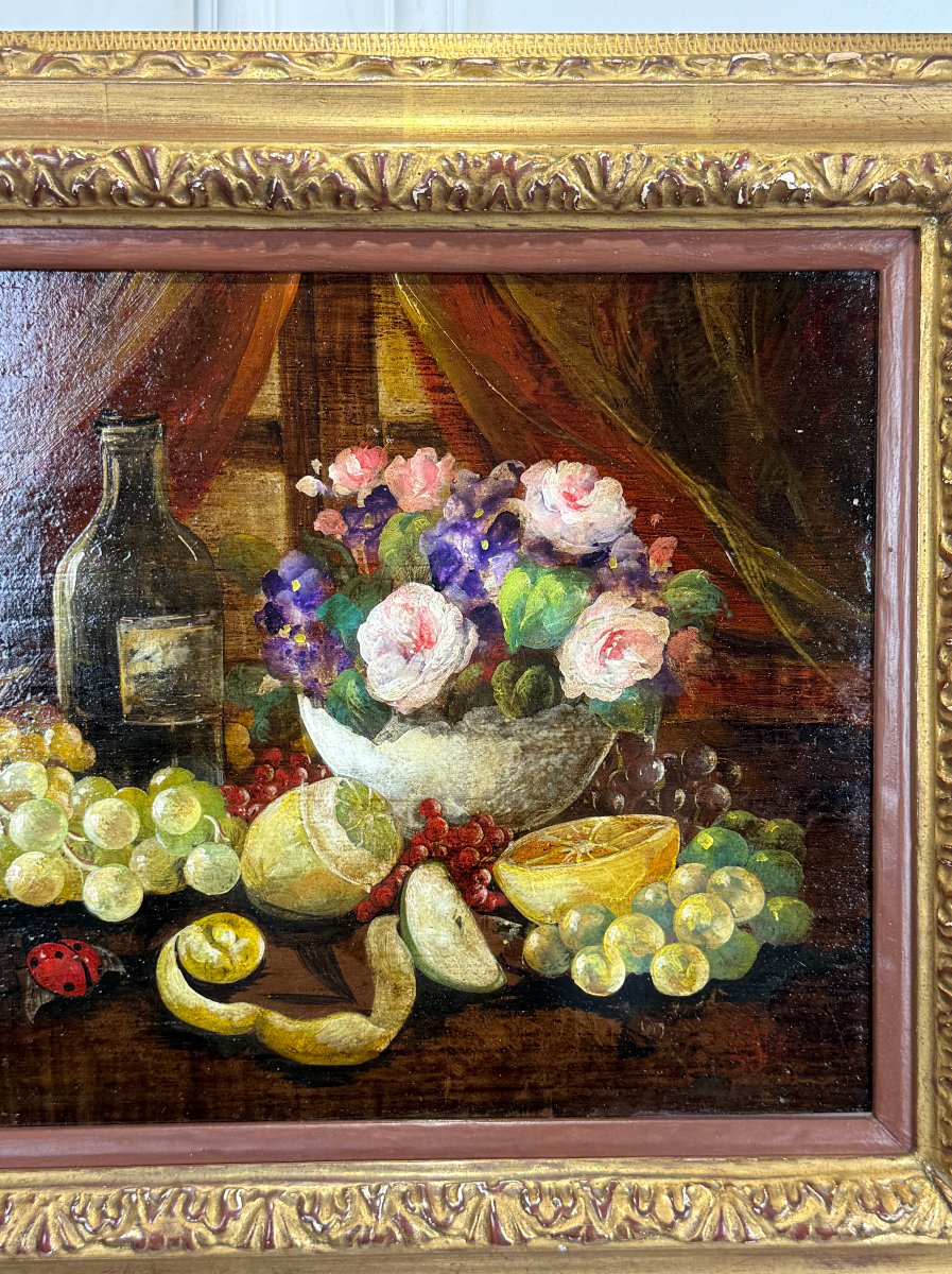 Signed And Framed Oil On Panel Depicting A Still Life With A Ladybug-photo-4
