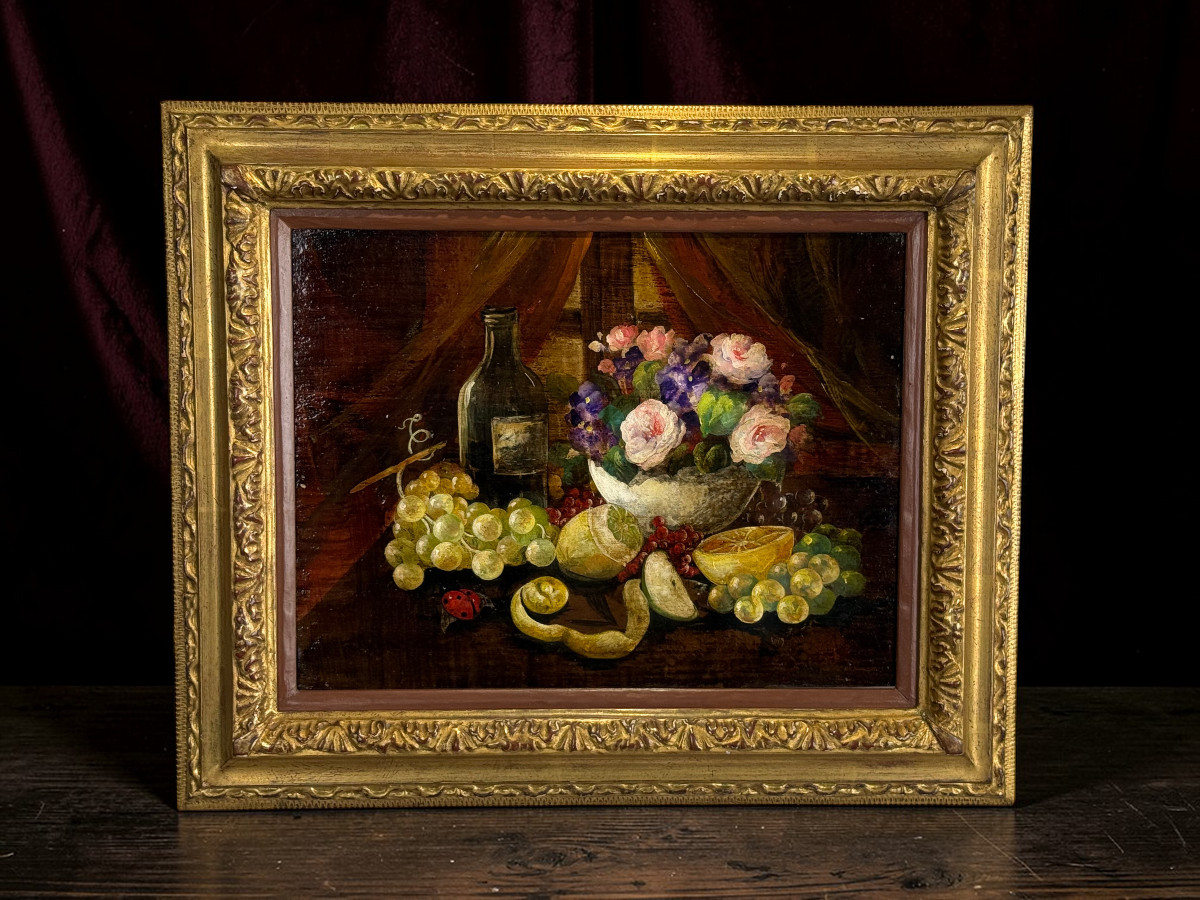 Signed And Framed Oil On Panel Depicting A Still Life With A Ladybug