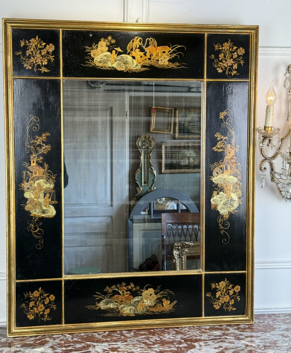 MIROIR ANCIEN EN LAQUE DE CHINE A DECOR PASTORALE ASIATIQUE DIT " CHINOISERIE "-photo-2