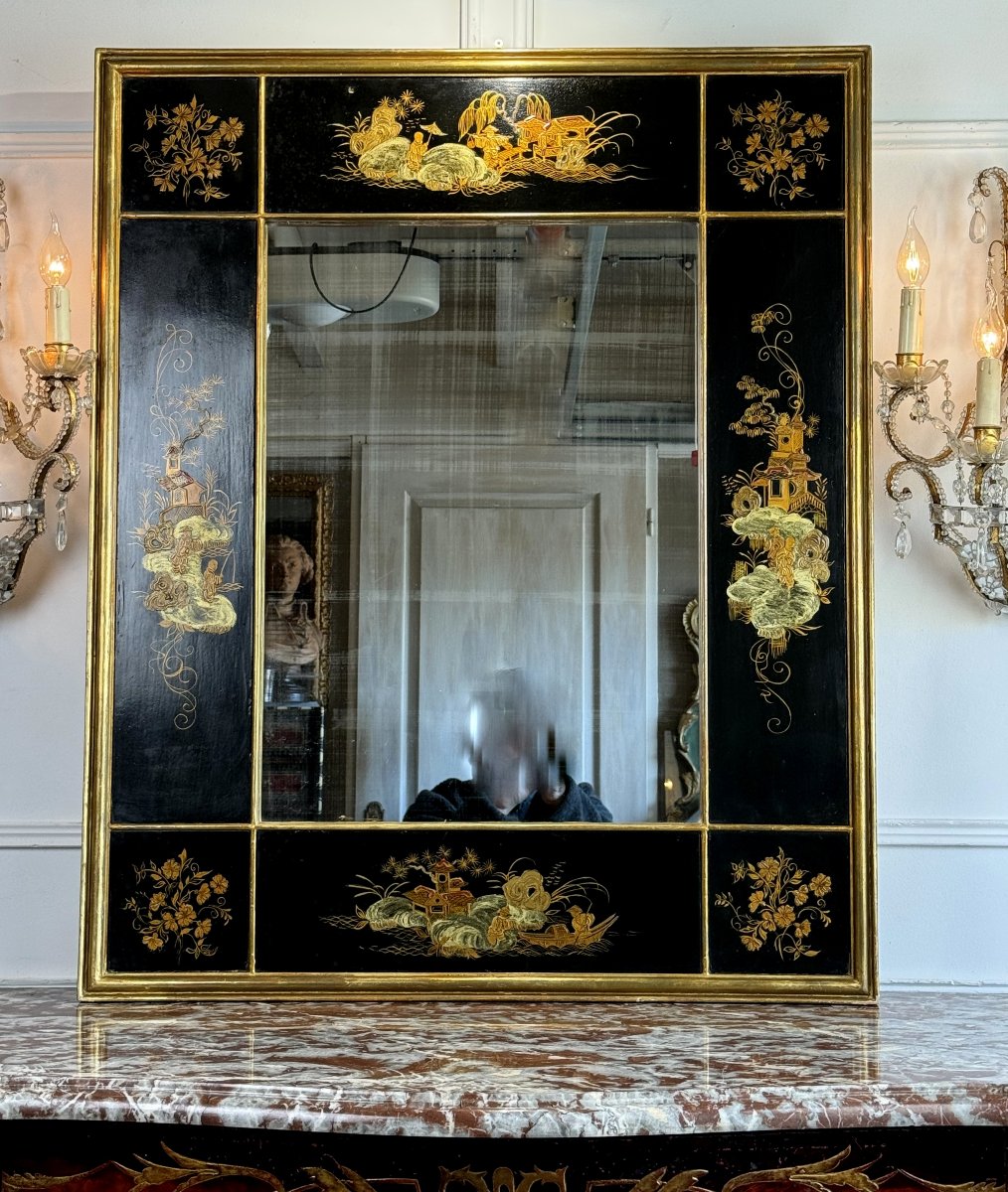 MIROIR ANCIEN EN LAQUE DE CHINE A DECOR PASTORALE ASIATIQUE DIT " CHINOISERIE "-photo-3