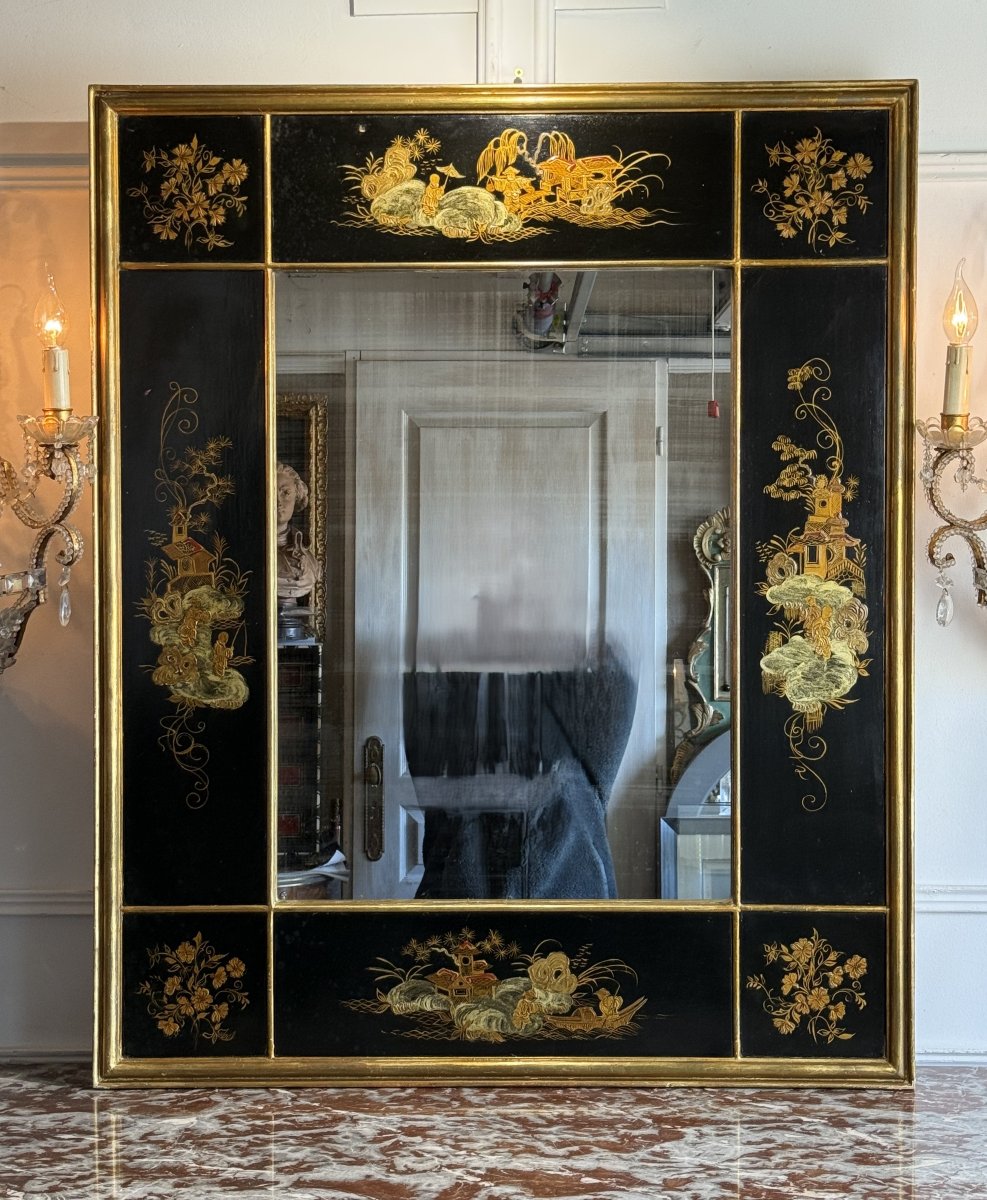 MIROIR ANCIEN EN LAQUE DE CHINE A DECOR PASTORALE ASIATIQUE DIT " CHINOISERIE "-photo-4