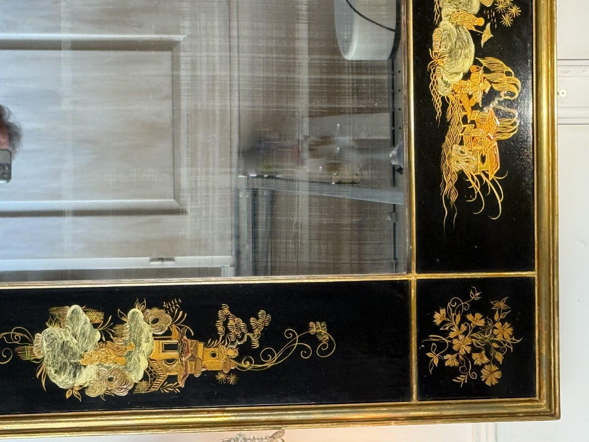 MIROIR ANCIEN EN LAQUE DE CHINE A DECOR PASTORALE ASIATIQUE DIT " CHINOISERIE "-photo-3