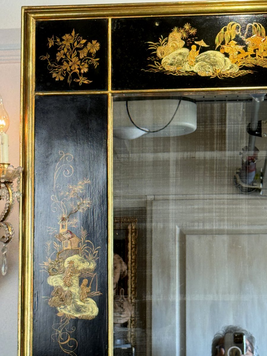 MIROIR ANCIEN EN LAQUE DE CHINE A DECOR PASTORALE ASIATIQUE DIT " CHINOISERIE "-photo-4