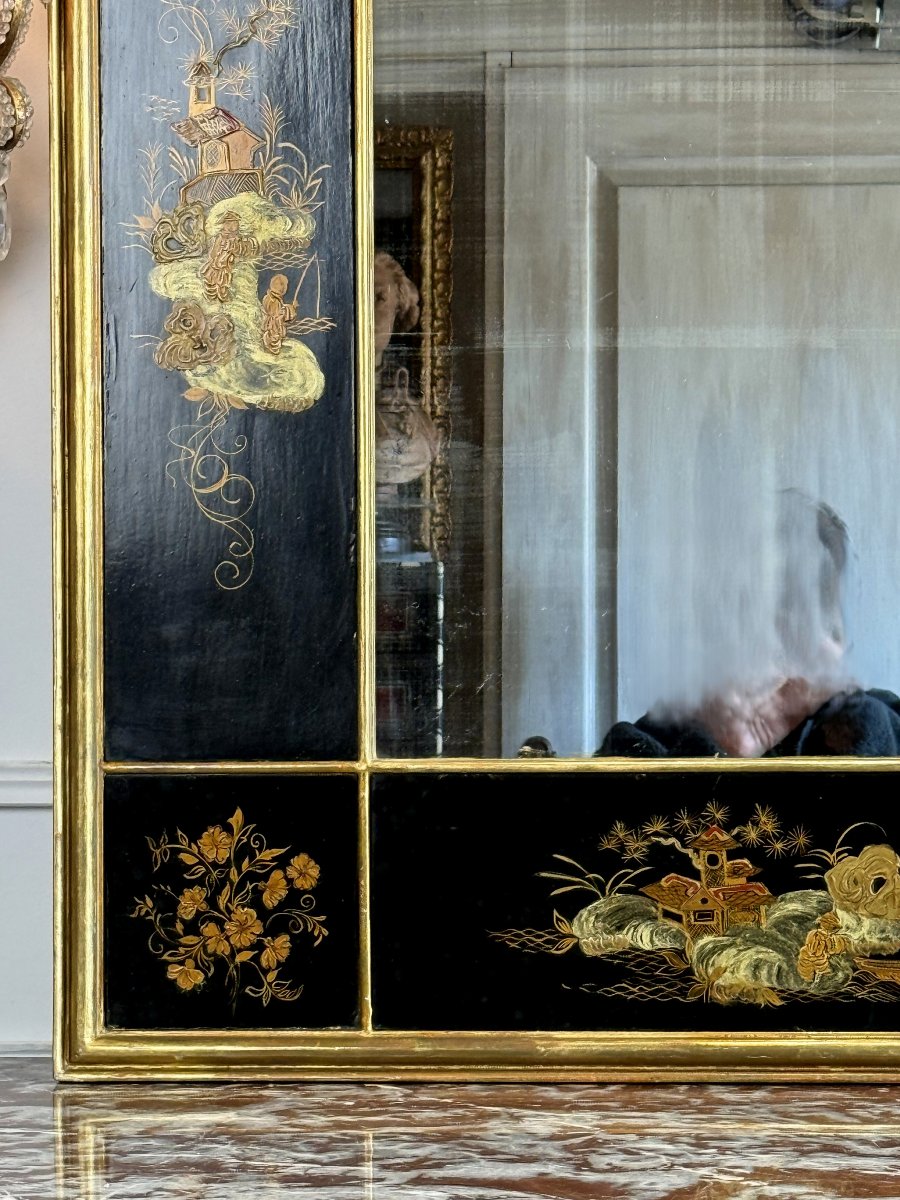 MIROIR ANCIEN EN LAQUE DE CHINE A DECOR PASTORALE ASIATIQUE DIT " CHINOISERIE "-photo-5