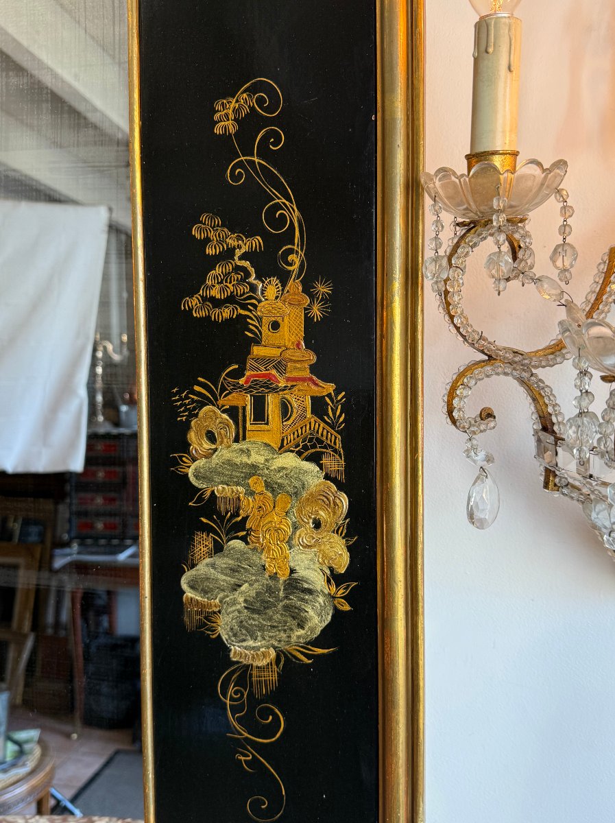 MIROIR ANCIEN EN LAQUE DE CHINE A DECOR PASTORALE ASIATIQUE DIT " CHINOISERIE "-photo-6