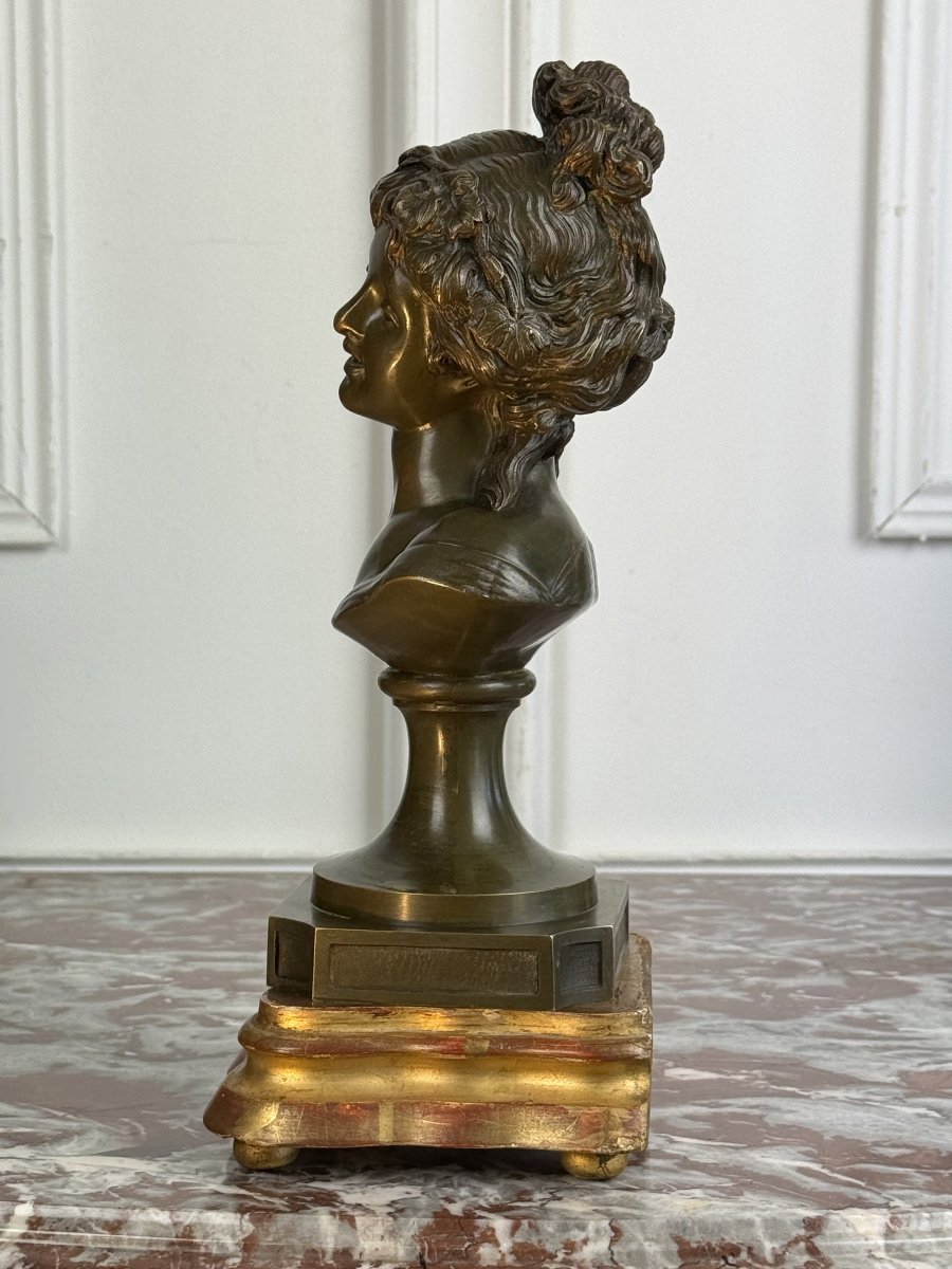 Bronze Bust Of A Young Woman With A Green Patina, Signed "clodion 1738 - 1814"-photo-2