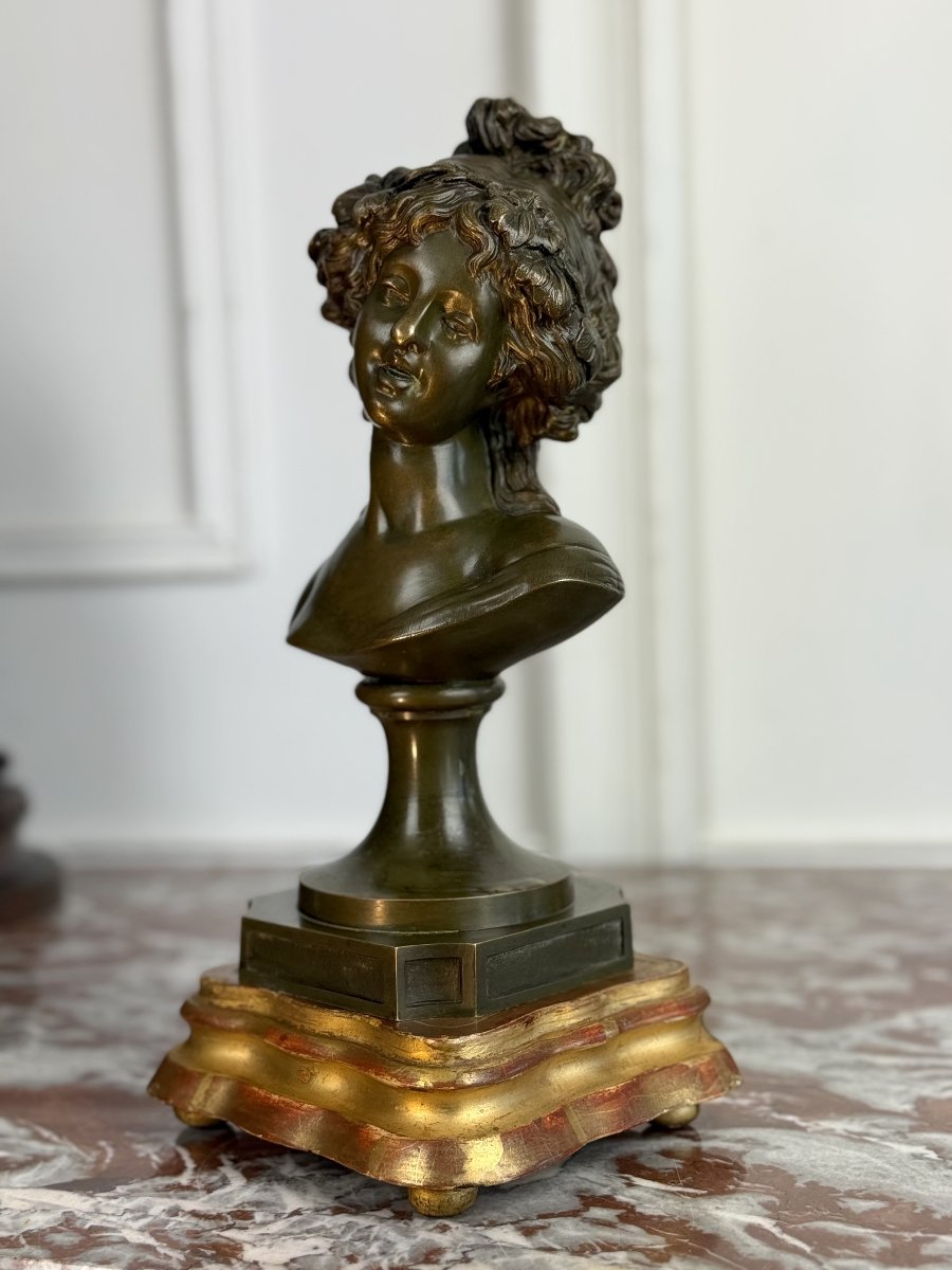 Bronze Bust Of A Young Woman With A Green Patina, Signed "clodion 1738 - 1814"-photo-8