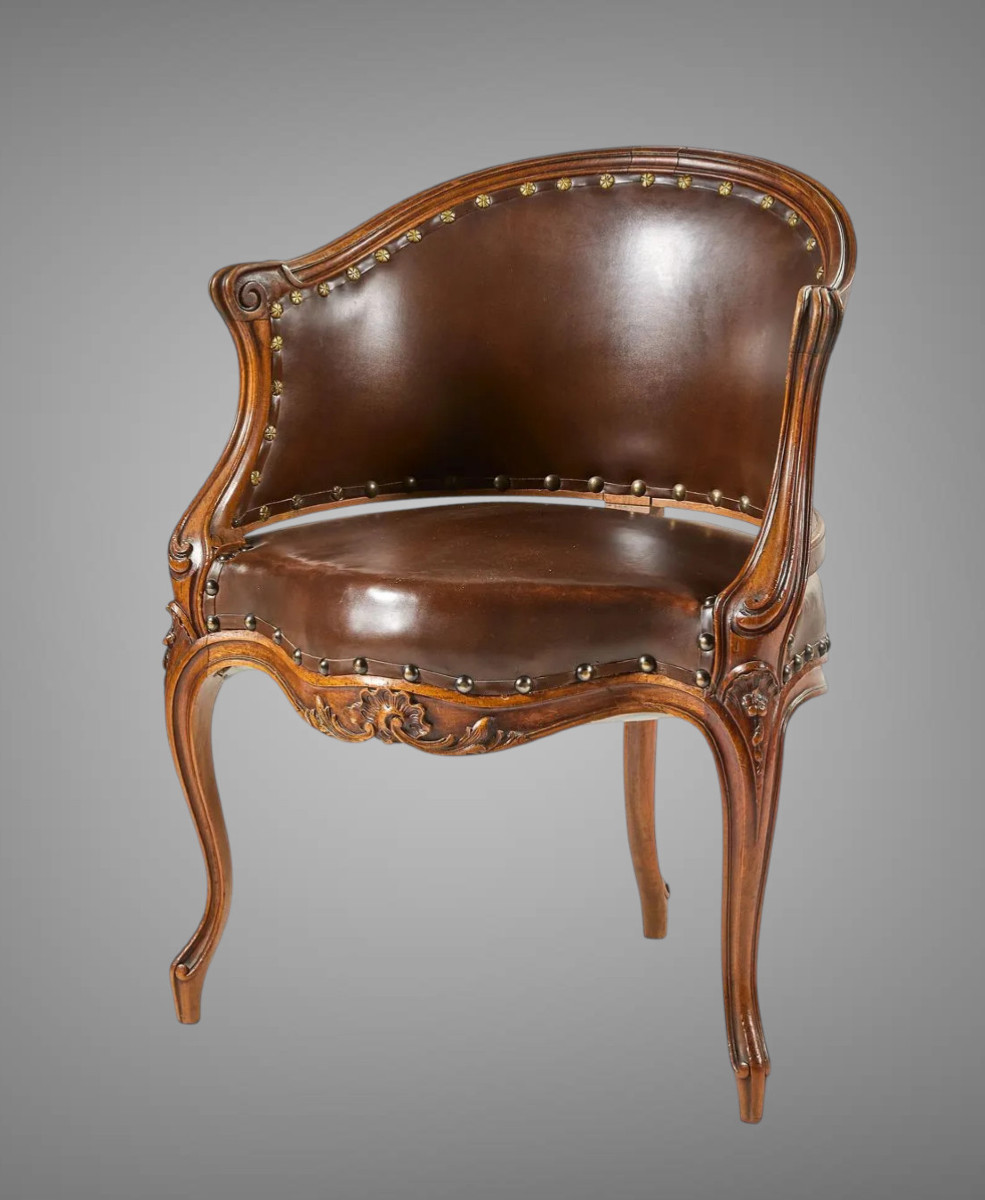 Walnut Office Chair With Gondola Back, Louis XV Style, 1900s