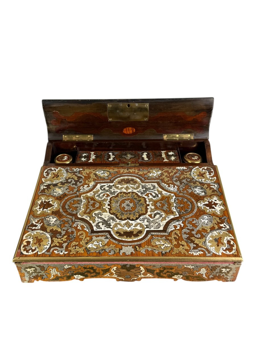 Marquetry Writing Desk With 2 Inkwells Napoleon III Period-photo-1