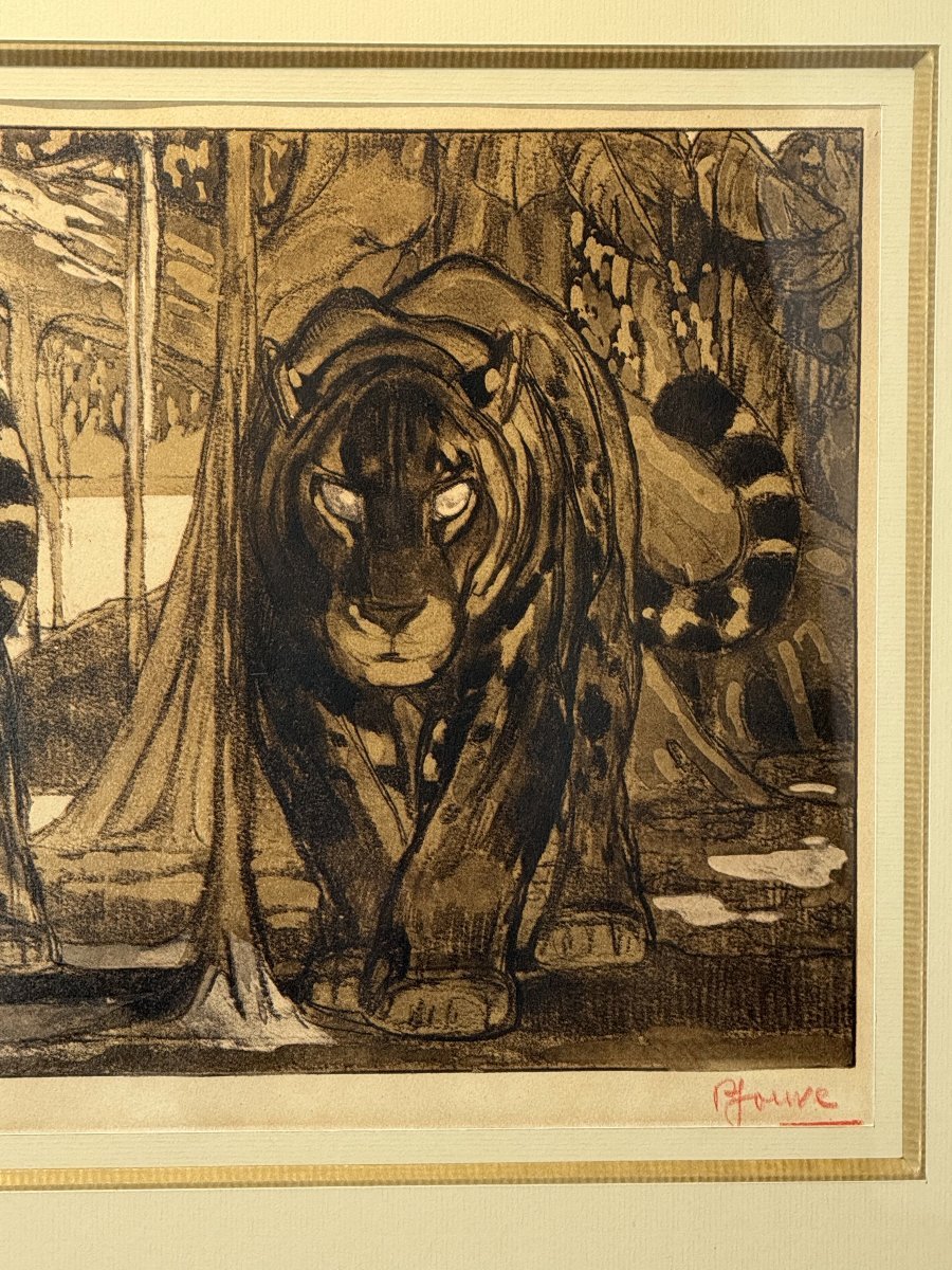 Paul JOUVE (1878-1973) LITHOGRAPHIE ORIGINALE SIGNÉE EN COULEUR " DEUX JAGUARS-photo-1