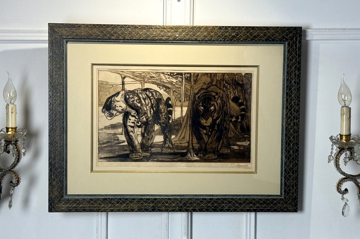 Paul JOUVE (1878-1973) LITHOGRAPHIE ORIGINALE SIGNÉE EN COULEUR " DEUX JAGUARS