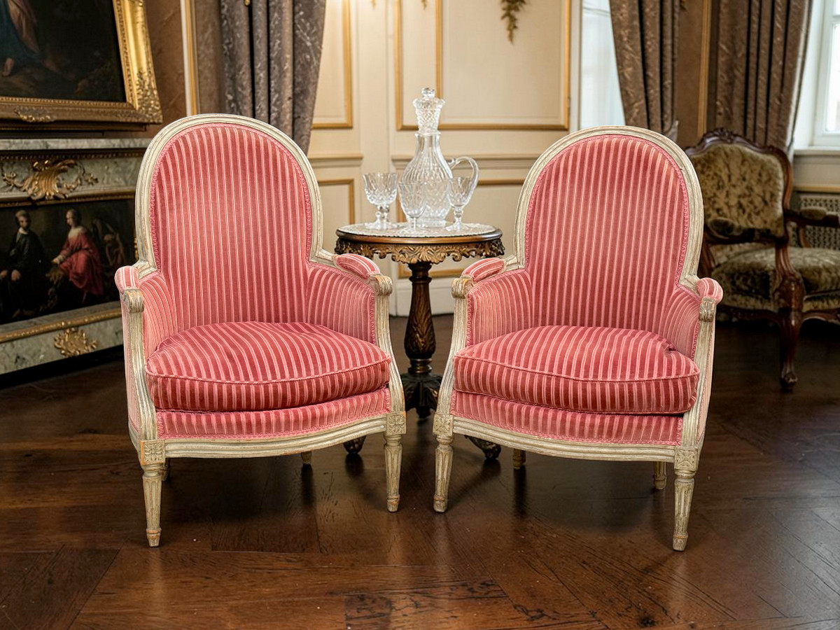 Pair Of Armchairs Bergeres ( 1+1 ) Period Louis XVI Stamped P . Pluvinet-photo-3