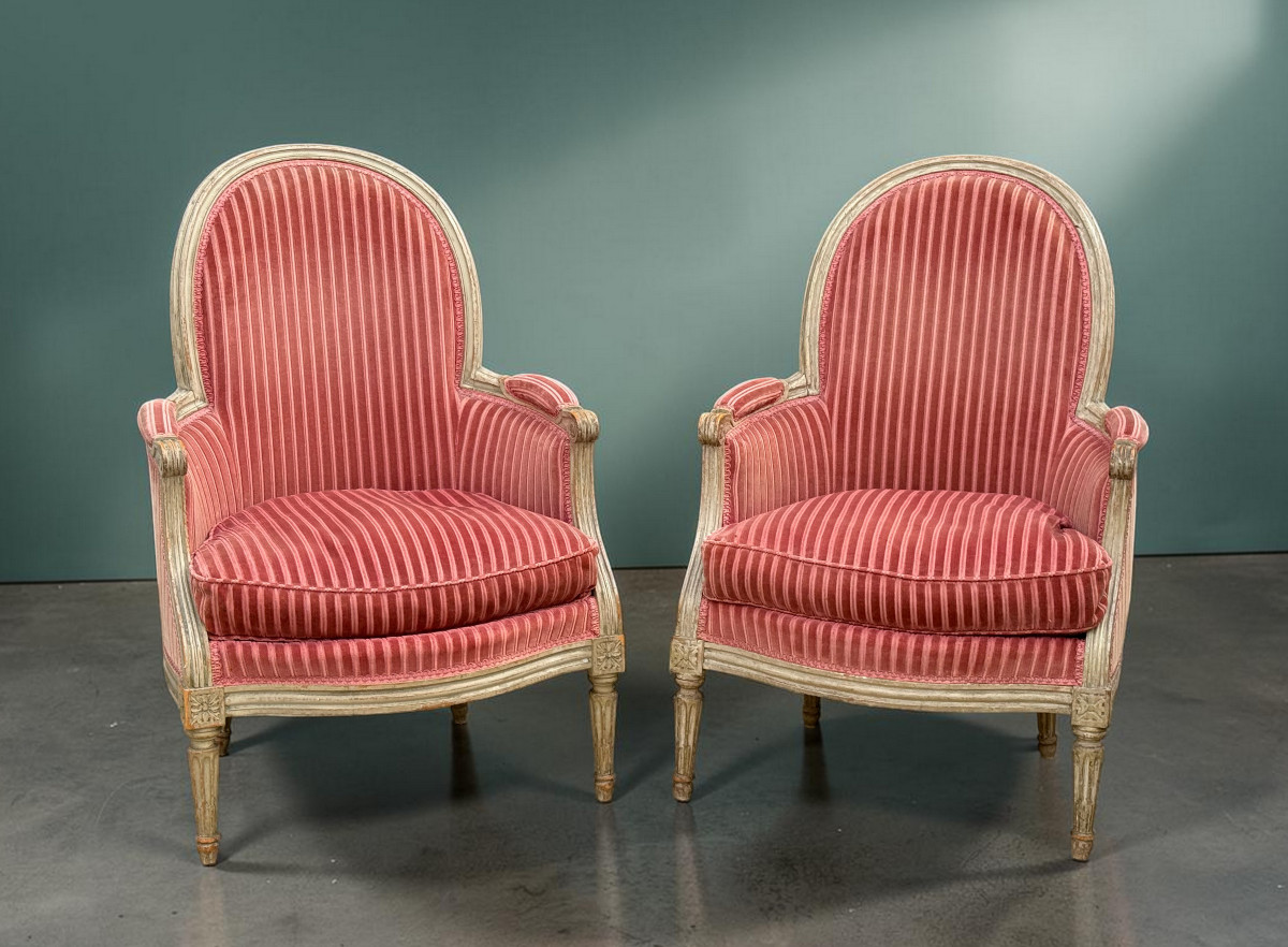 Pair Of Armchairs Bergeres ( 1+1 ) Period Louis XVI Stamped P . Pluvinet