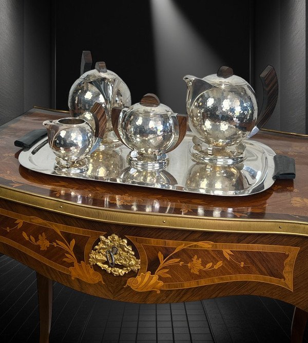 JEAN DEPRÉS ( 1889-1980 ) / SERVICE A THÉ ET CAFÉ EN MÉTAL ARGENTÉ MARTELÉ SIGNÉ-photo-3