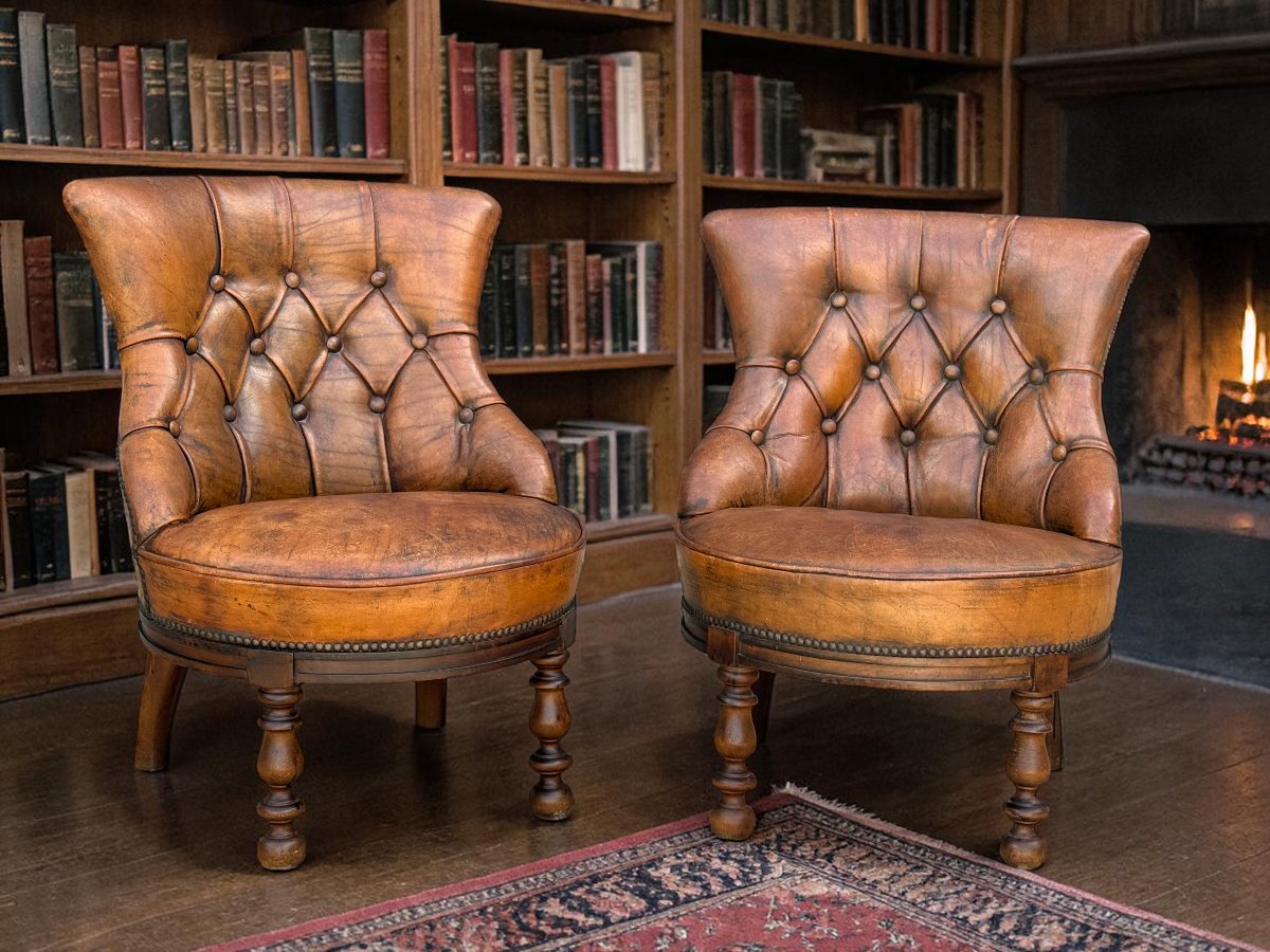 PAIRE DE CHAISES DE LECTURE DE STYLE VICTORIEN EN CUIR VÉRITABLE DES ANNÉES 60-photo-2