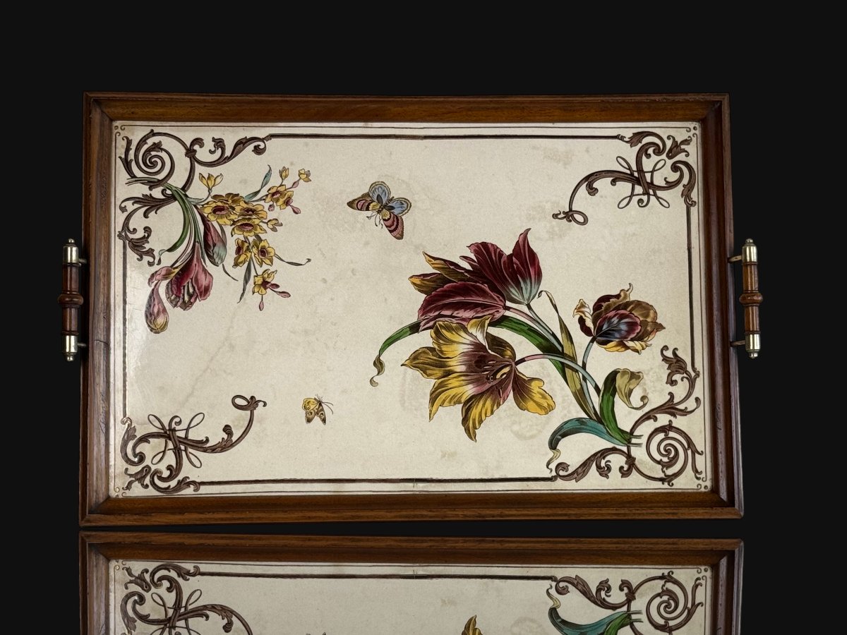 Art Nouveau Serving Tray With Floral Decorated Earthenware Panel-photo-3