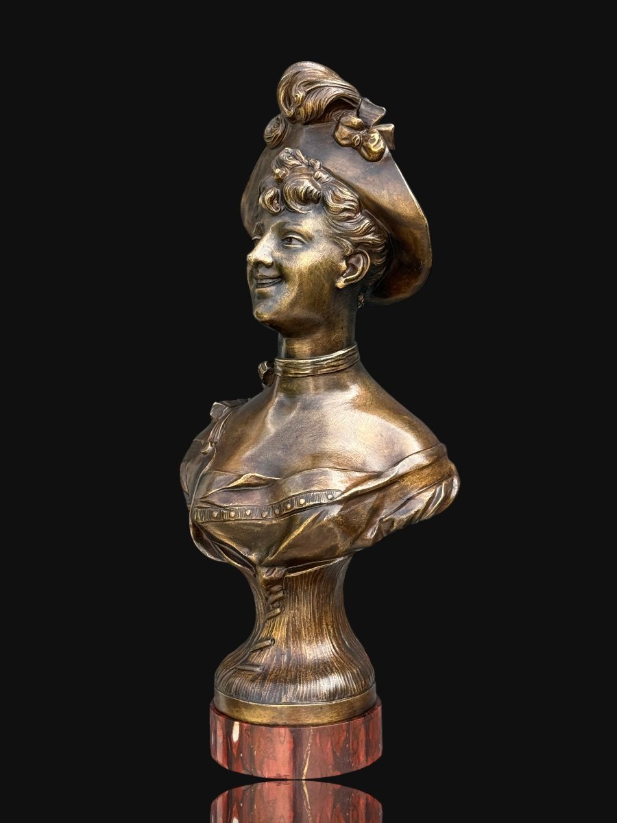 Bronze Bust Signed Sampieri Of A Woman With A Hat / Marble Base-photo-2