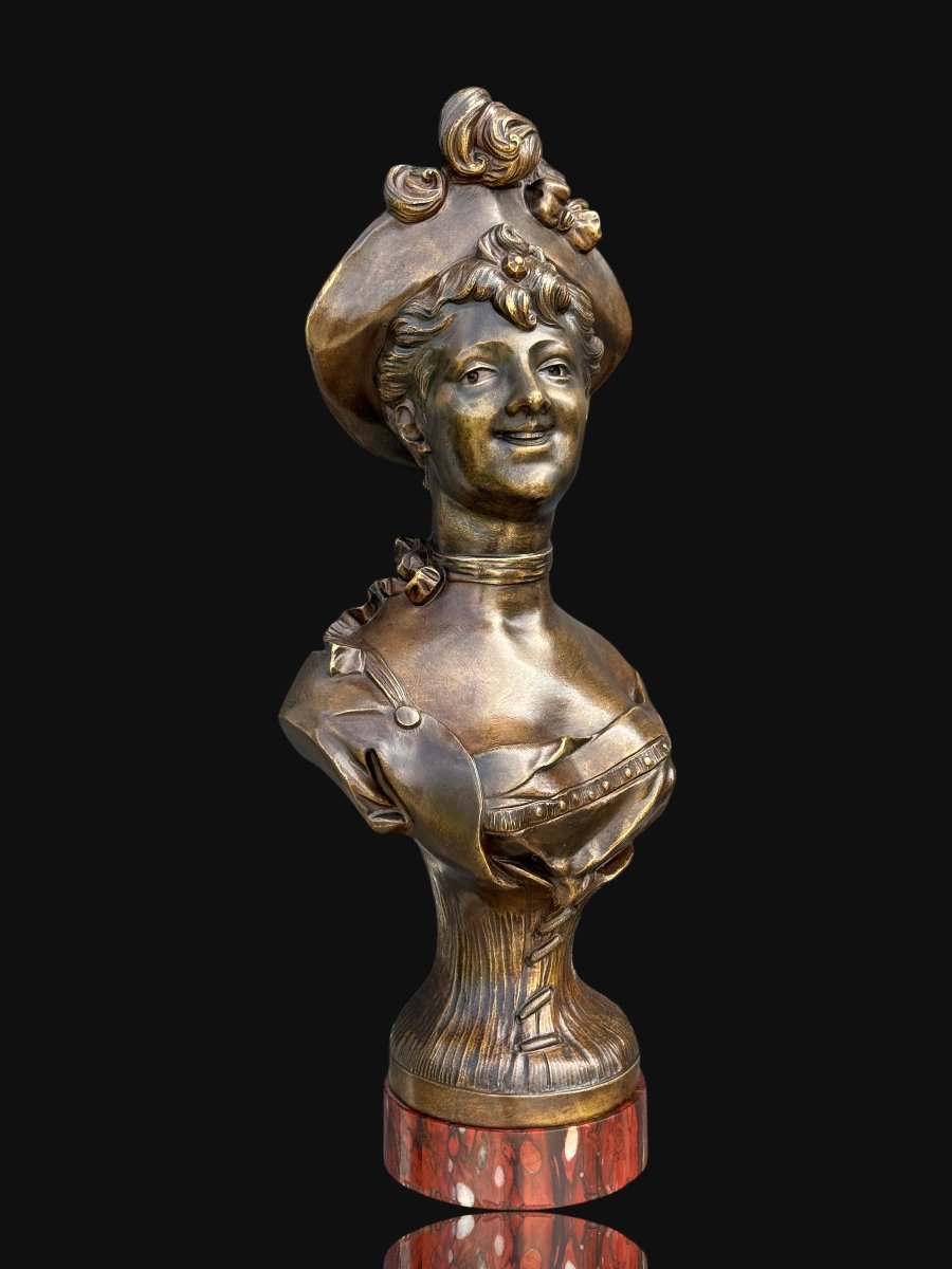 Bronze Bust Signed Sampieri Of A Woman With A Hat / Marble Base-photo-3
