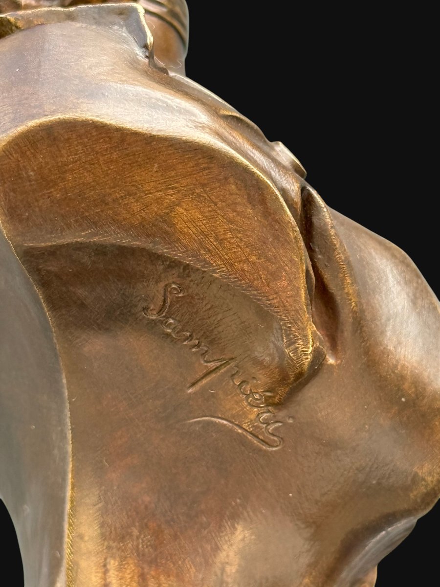 Bronze Bust Signed Sampieri Of A Woman With A Hat / Marble Base-photo-4
