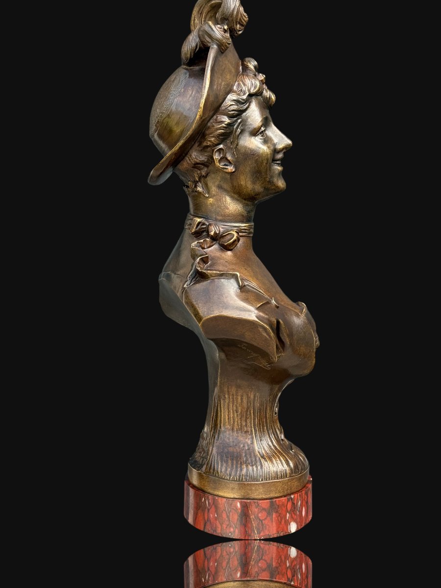 Bronze Bust Signed Sampieri Of A Woman With A Hat / Marble Base-photo-1
