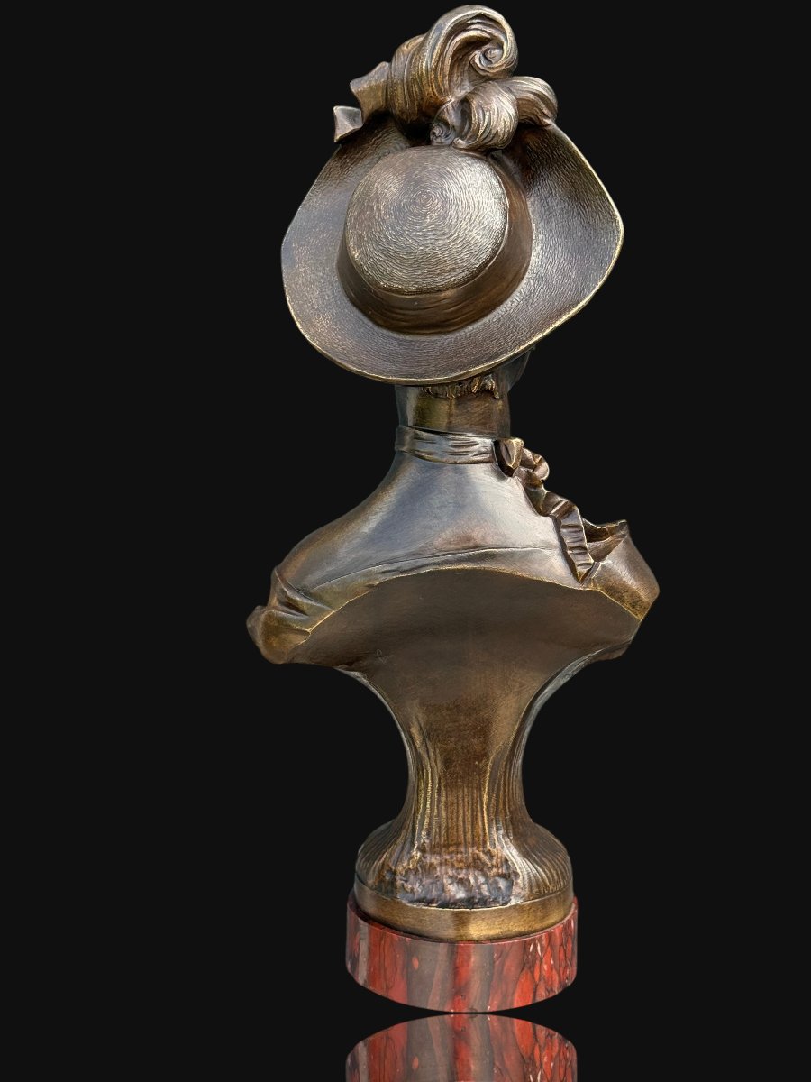 Bronze Bust Signed Sampieri Of A Woman With A Hat / Marble Base-photo-2
