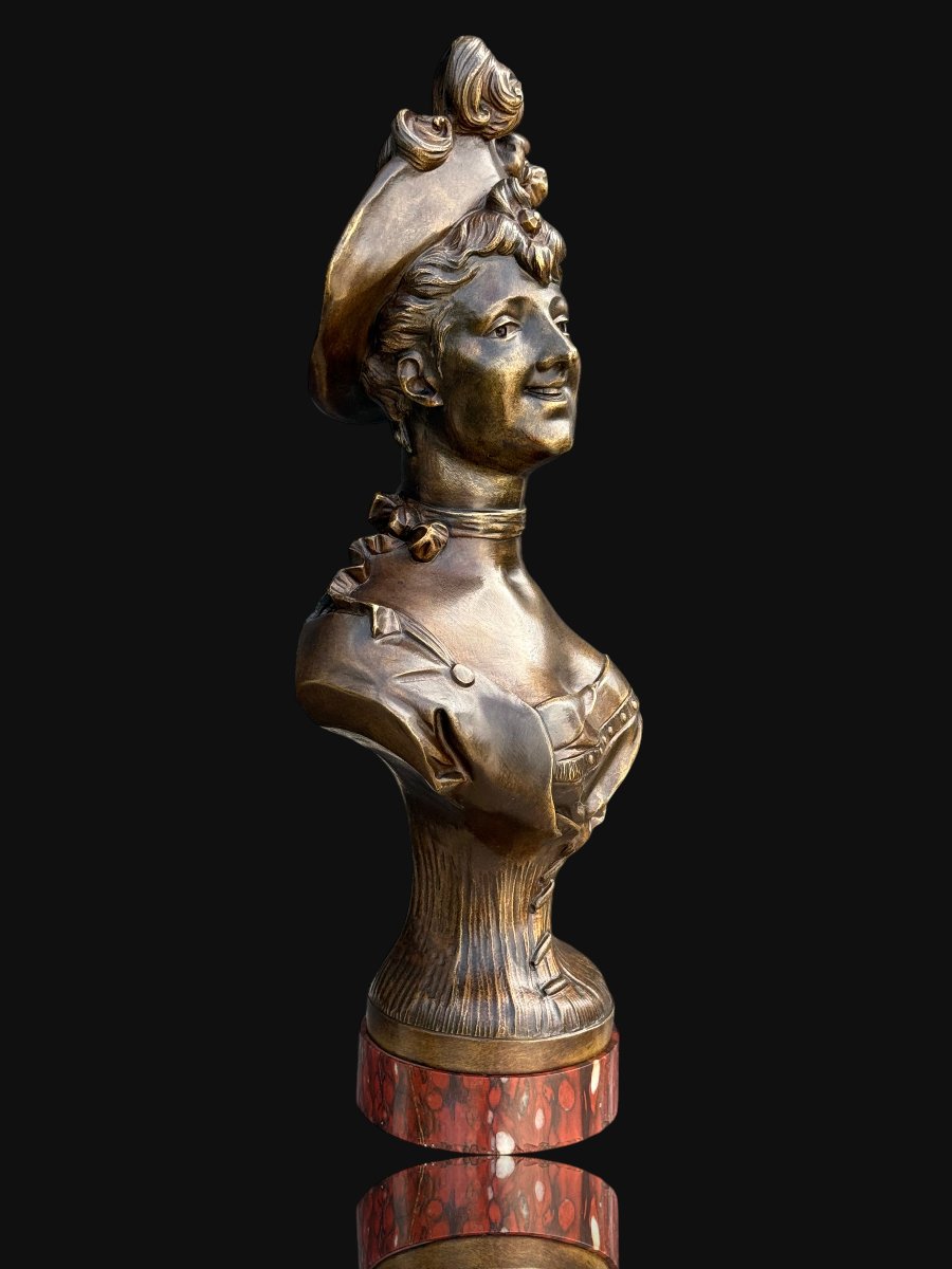 Bronze Bust Signed Sampieri Of A Woman With A Hat / Marble Base-photo-4