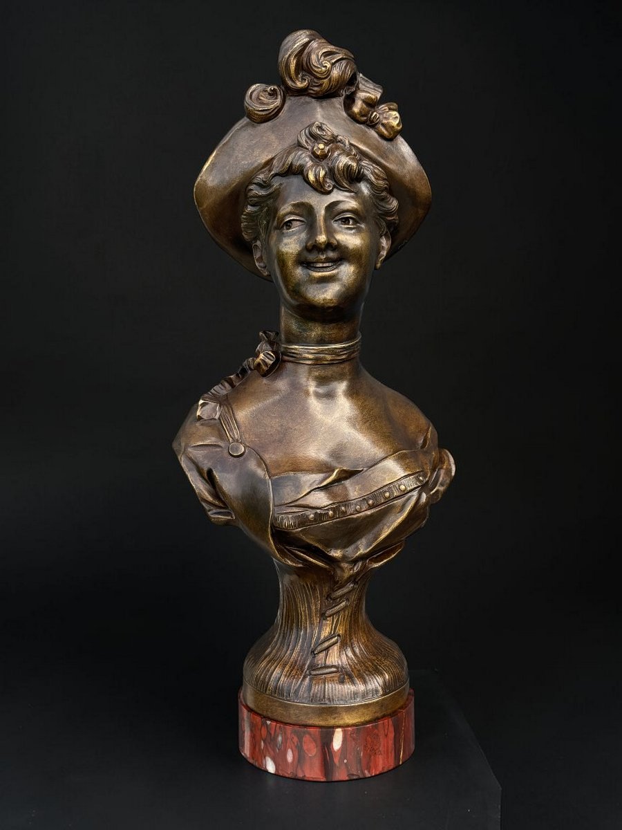 Bronze Bust Signed Sampieri Of A Woman With A Hat / Marble Base-photo-5