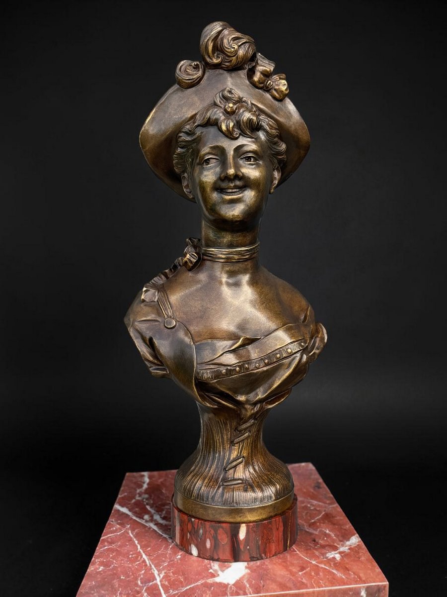 Bronze Bust Signed Sampieri Of A Woman With A Hat / Marble Base-photo-6