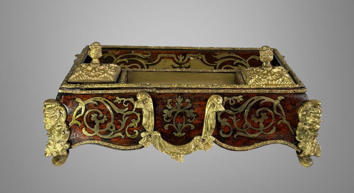 Napoleon III Inkwell In Boulle Marquetry Decorated With Bronze And Its Penholder-photo-2
