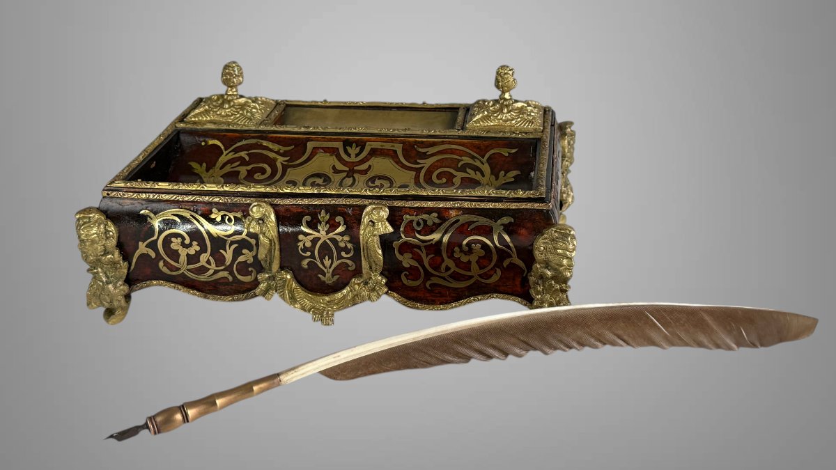 Napoleon III Inkwell In Boulle Marquetry Decorated With Bronze And Its Penholder-photo-3