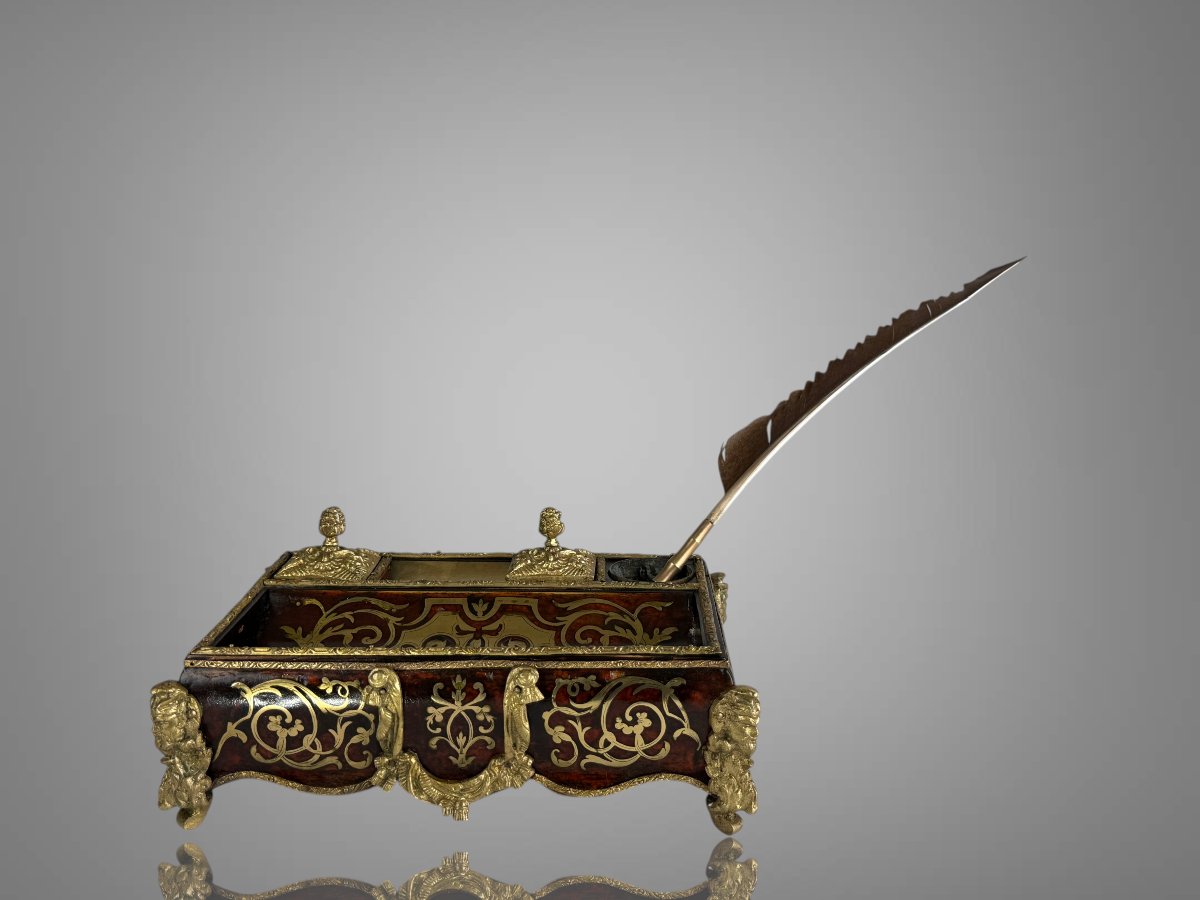 Napoleon III Inkwell In Boulle Marquetry Decorated With Bronze And Its Penholder-photo-4