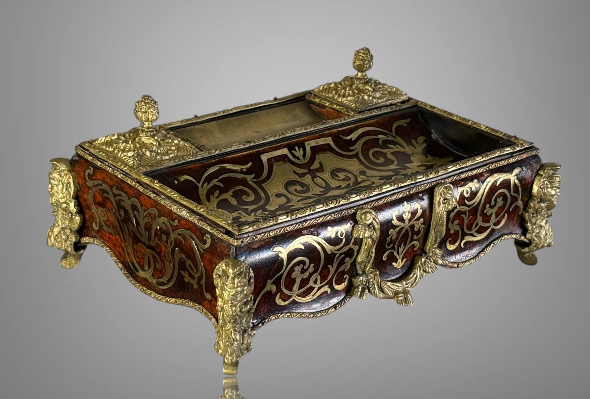 Napoleon III Inkwell In Boulle Marquetry Decorated With Bronze And Its Penholder-photo-3