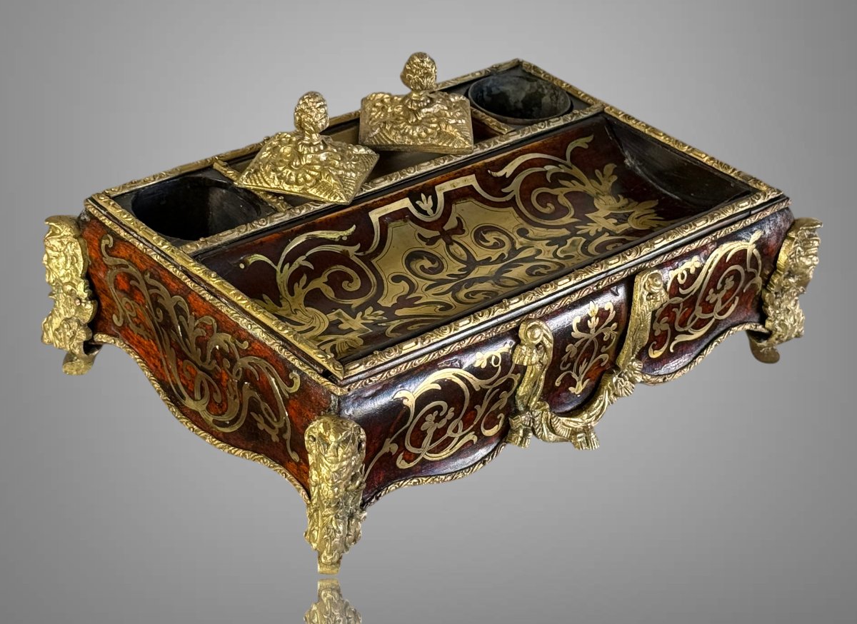 Napoleon III Inkwell In Boulle Marquetry Decorated With Bronze And Its Penholder-photo-4