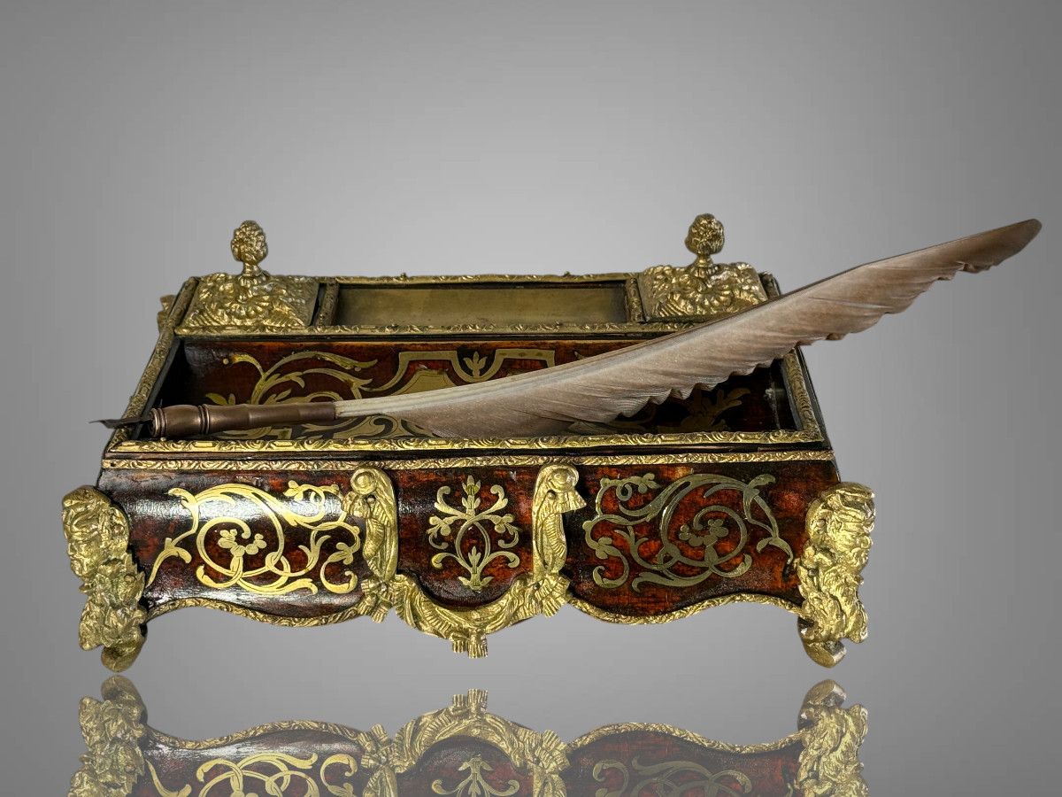 Napoleon III Inkwell In Boulle Marquetry Decorated With Bronze And Its Penholder