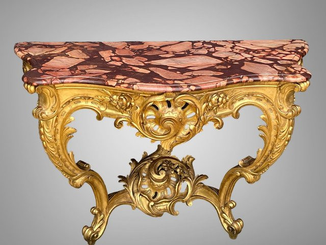 CONSOLE ÉPOQUE XIXe EN BOIS DORÉ ET SCULPTÉ AVEC UN DESSUS MARBRE ROUGE VEINÉ-photo-2