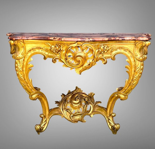 CONSOLE ÉPOQUE XIXe EN BOIS DORÉ ET SCULPTÉ AVEC UN DESSUS MARBRE ROUGE VEINÉ-photo-3