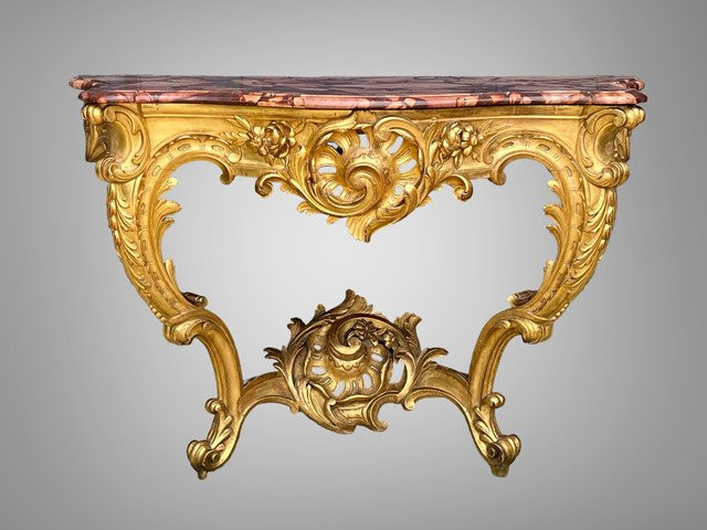 CONSOLE ÉPOQUE XIXe EN BOIS DORÉ ET SCULPTÉ AVEC UN DESSUS MARBRE ROUGE VEINÉ-photo-4