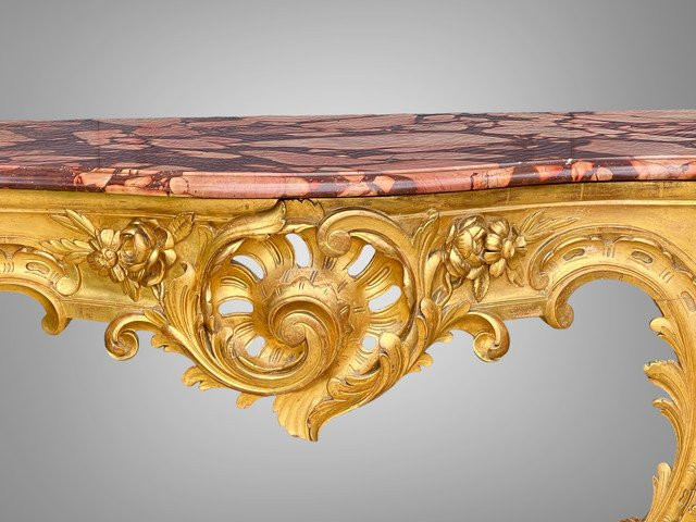 CONSOLE ÉPOQUE XIXe EN BOIS DORÉ ET SCULPTÉ AVEC UN DESSUS MARBRE ROUGE VEINÉ-photo-1