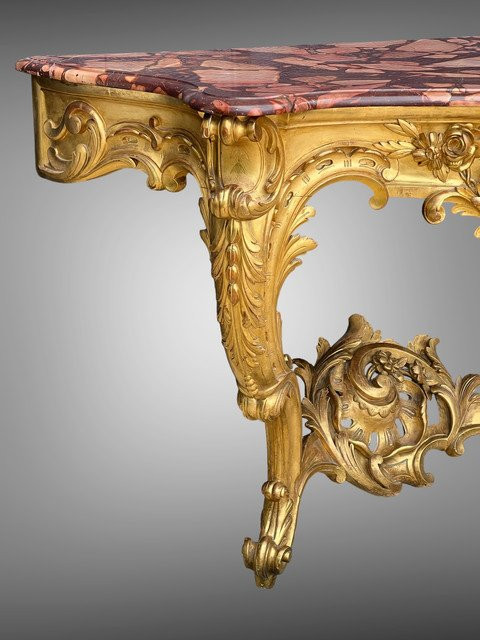 CONSOLE ÉPOQUE XIXe EN BOIS DORÉ ET SCULPTÉ AVEC UN DESSUS MARBRE ROUGE VEINÉ-photo-4