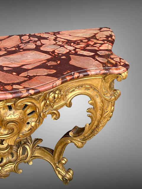 CONSOLE ÉPOQUE XIXe EN BOIS DORÉ ET SCULPTÉ AVEC UN DESSUS MARBRE ROUGE VEINÉ-photo-6