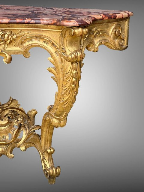 CONSOLE ÉPOQUE XIXe EN BOIS DORÉ ET SCULPTÉ AVEC UN DESSUS MARBRE ROUGE VEINÉ-photo-7