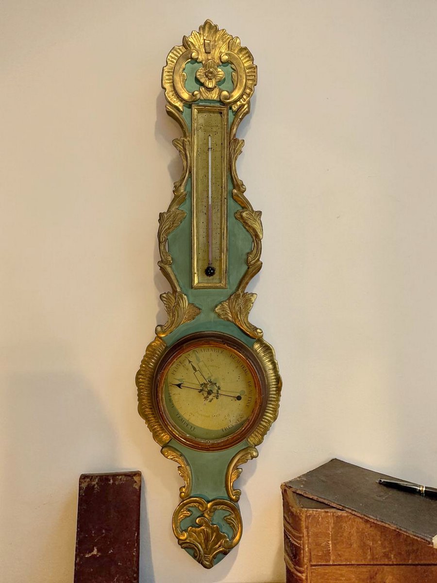 18th Century Barometer Louis XVI In Golden And Green Laqued Wood Signed Pargilard-photo-2