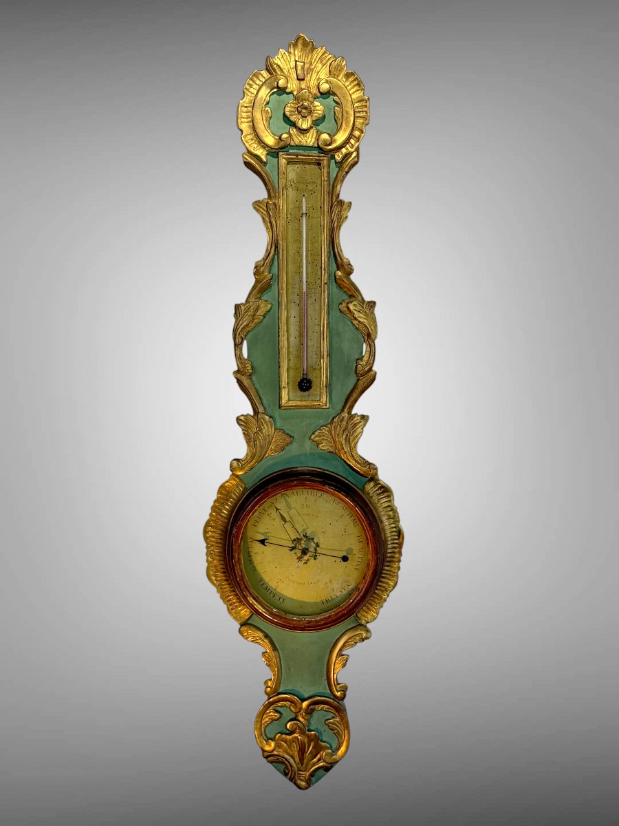 18th Century Barometer Louis XVI In Golden And Green Laqued Wood Signed Pargilard-photo-3