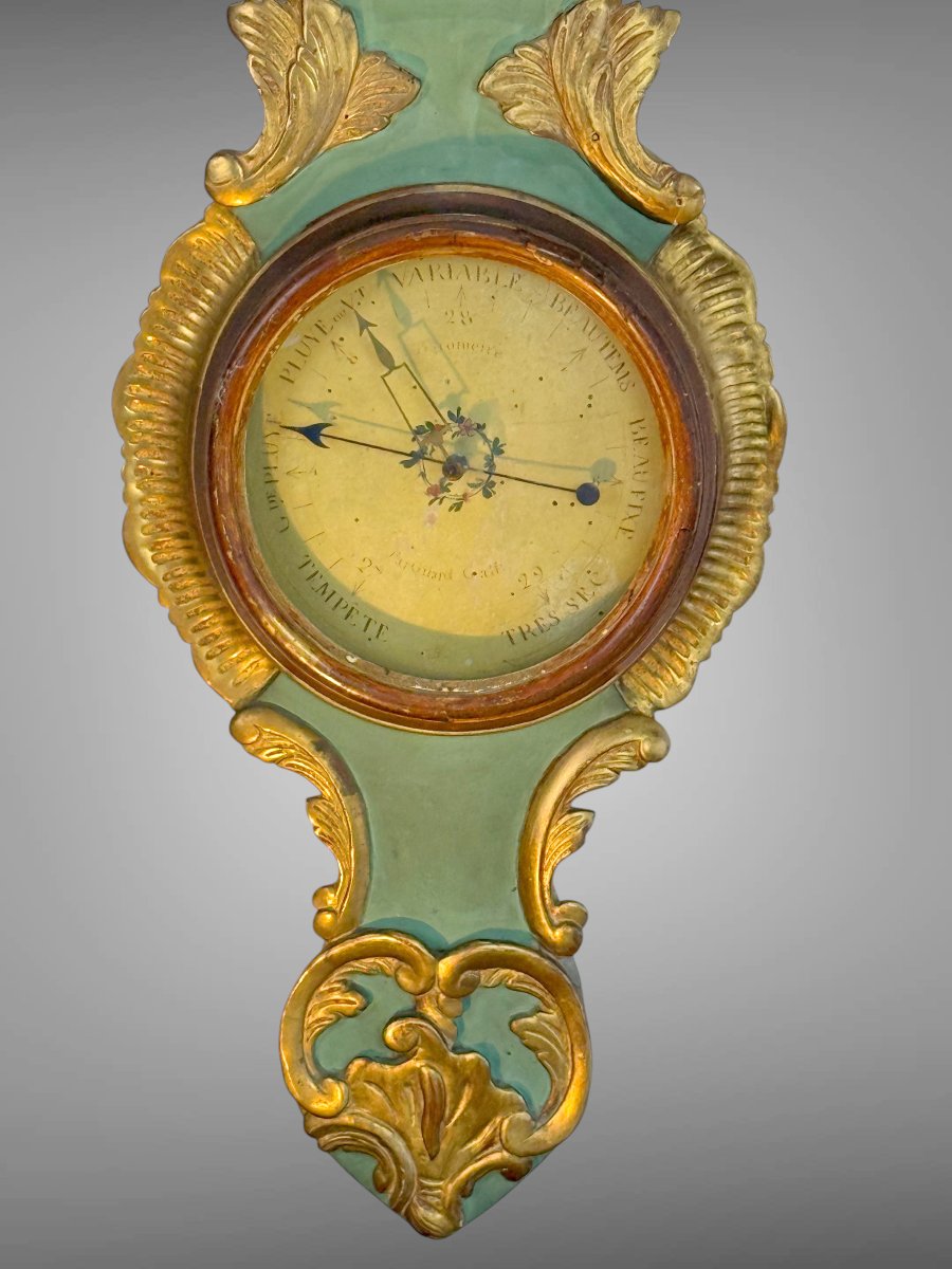 18th Century Barometer Louis XVI In Golden And Green Laqued Wood Signed Pargilard-photo-1