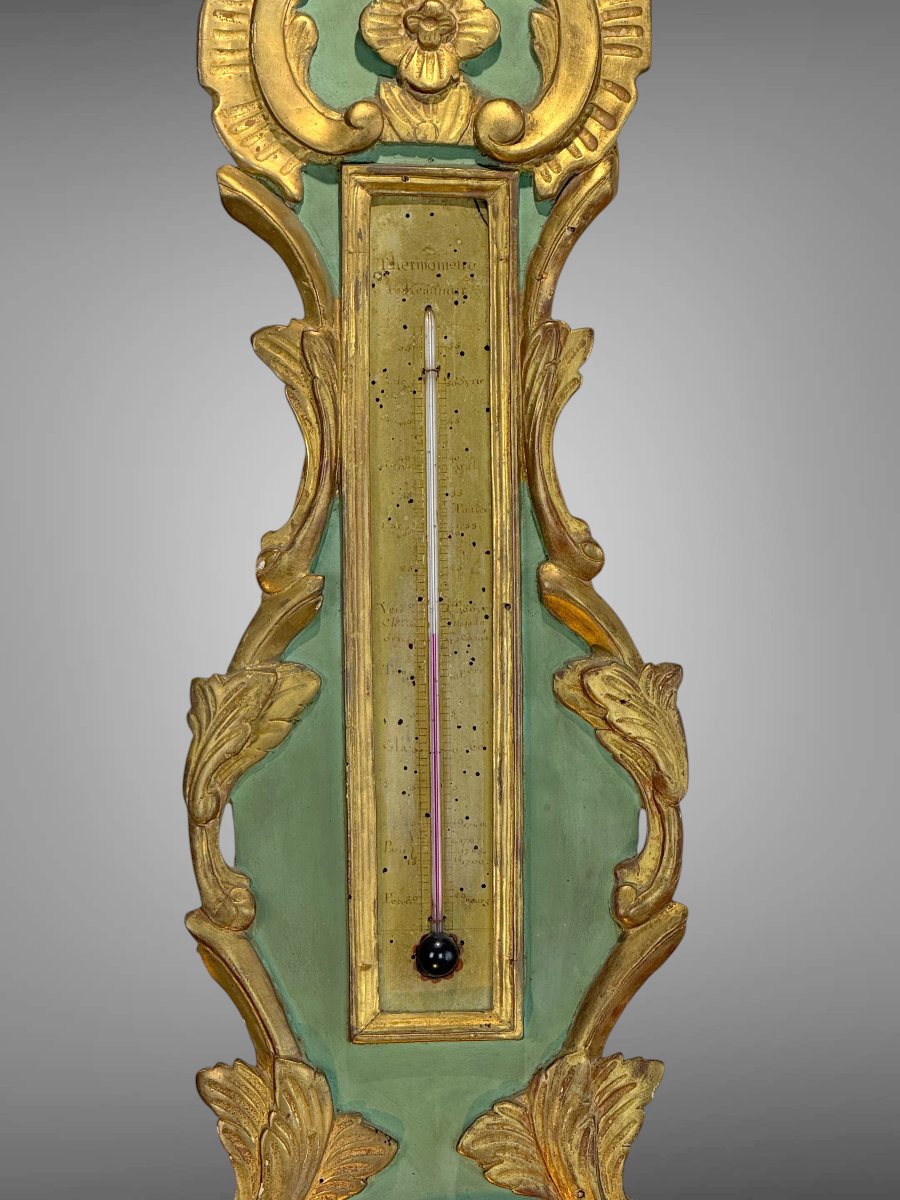 18th Century Barometer Louis XVI In Golden And Green Laqued Wood Signed Pargilard-photo-2